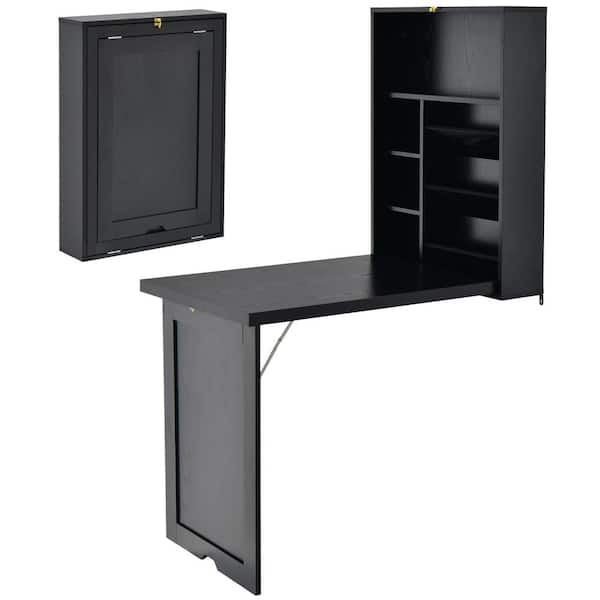 HONEY JOY 23.5 in. Folding Black Wall-Mounted Convertible Computer Desk Floating Desk Storage Bookcases Adjustable Shelves