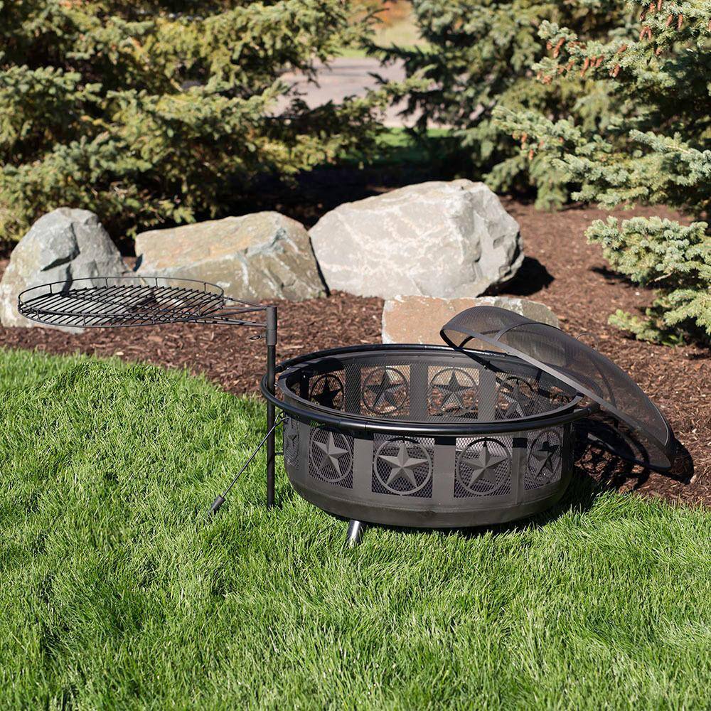 Sunnydaze Decor KF-ASFP-BLK 36 in. W x 22.5 in. H Round Steel Wood Burning Fire Pit with Cooking Grate and Spark Screen