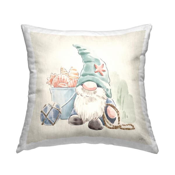 Stupell Industries Summertime Gnome Beach Shells Beige Print Polyester 18 in. x 18 in. Throw Pillow