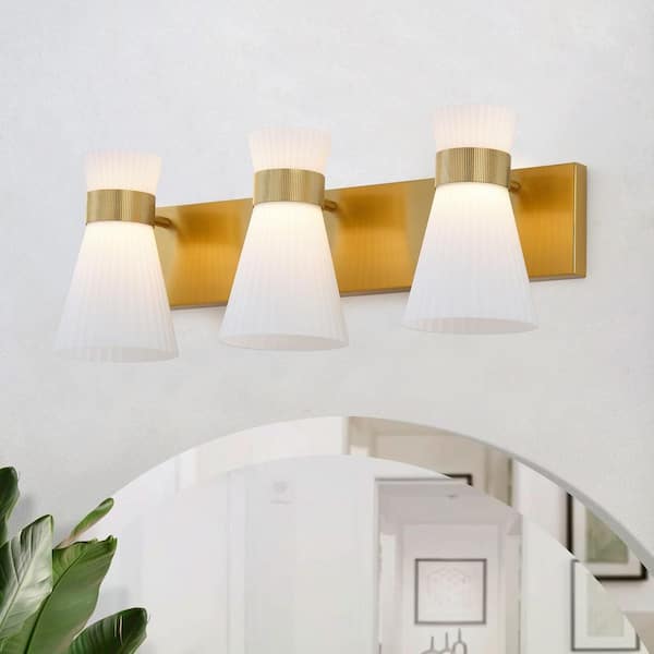 24.41 in. 3-Light Modern Brushed Brass 24W LED Vanity Light Milk White Wall Light with Frosted Striped Glass Shade