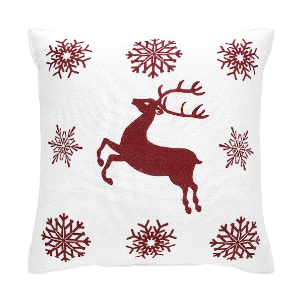 VHC BRANDS Scandia Red White 16 in. x 16 in. Snowflake Reindeer Christmas Throw Pillow