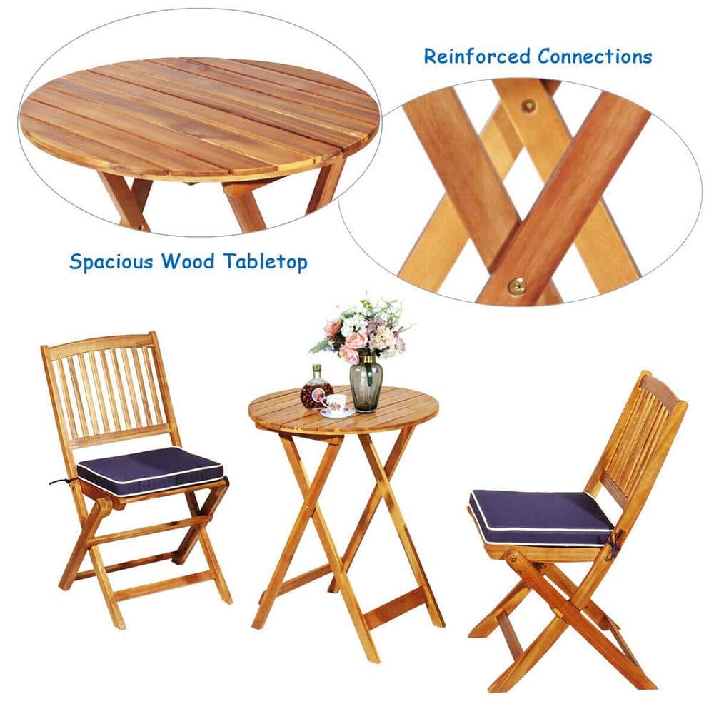3-Piece Folding Acacia Wood Patio Bistro Set with Navy Cushions