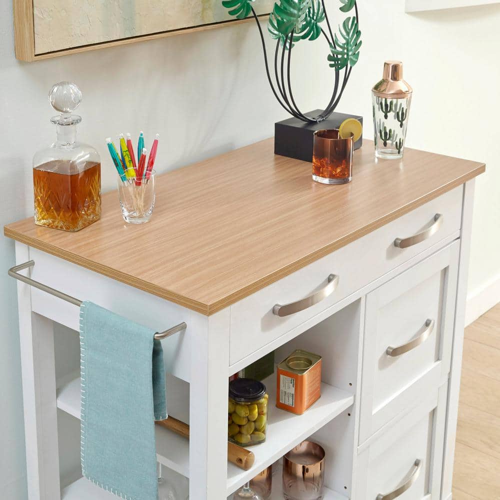 Off-White and Birch Wood Kitchen Cart with Storage