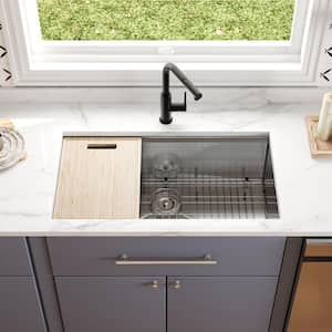 33 in. Rectangular Single Bowl Undermount Workstation Kitchen Sink in Silver Grey Stainless Steel with Accessories