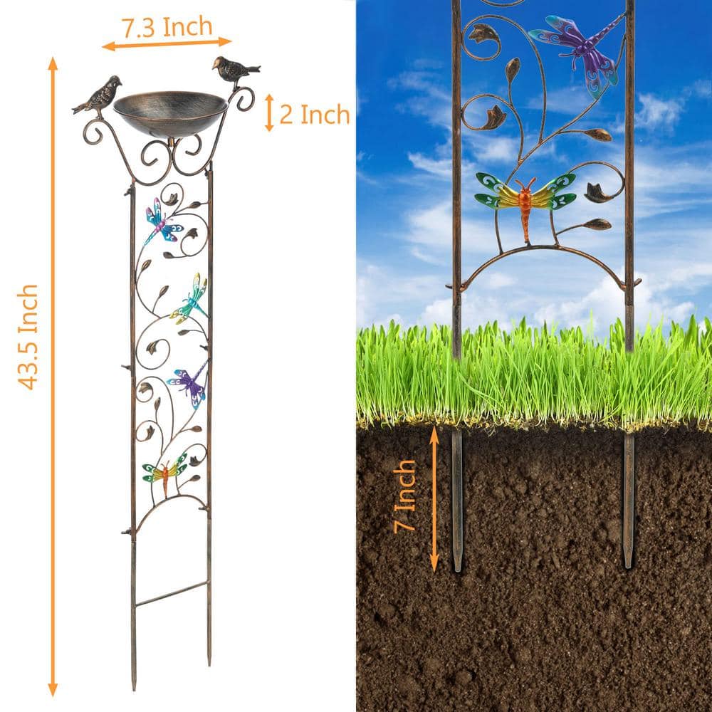 Elegant 40" Bronze Metal Garden Trellis with Bird Bath
