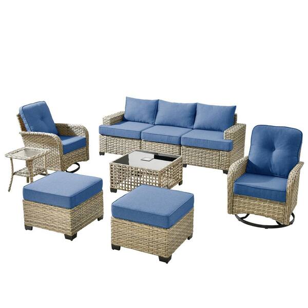 Torino Gray 9-Piece Modern Wicker Patio Conversation Deep Seating Set with Swivel Rocking Chairs and Denim Blue Cushions