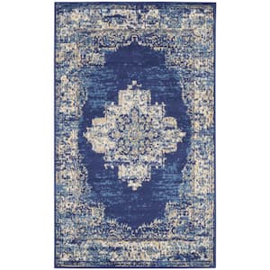 Nourison Grafix Navy Blue 7 Ft. X 10 Ft. Center Medallion Transitional ...