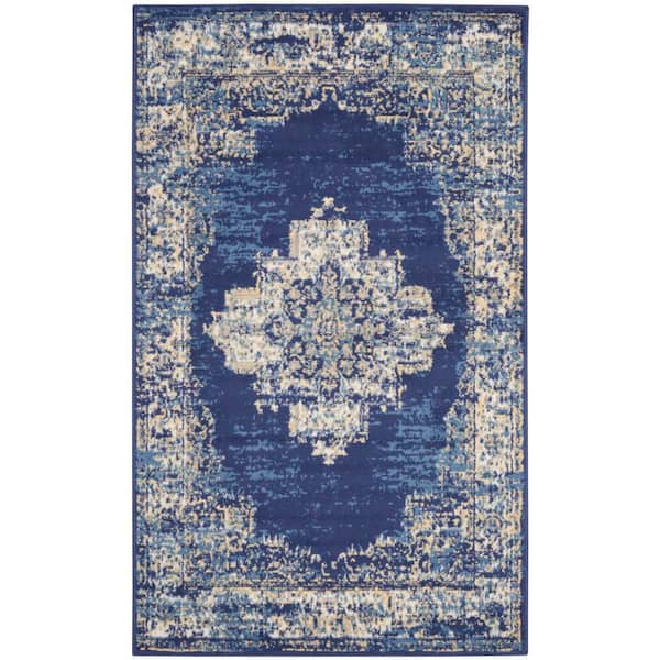 Grafix Navy Blue 3 ft. x 5 ft. Persian Medallion Transitional Kitchen Area Rug