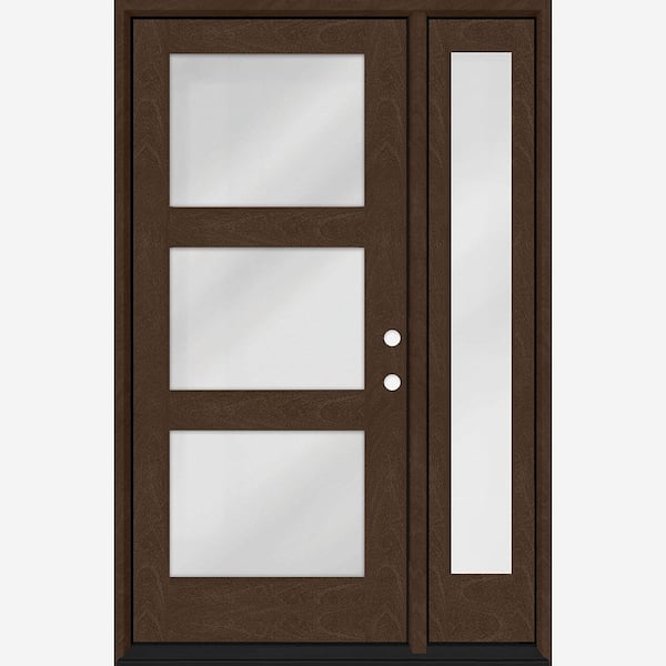 Steves & Sons Regency 53 in. x 80 in. Modern 3-Lite Equal Clear Glass LHIS Hickory Mahogany Fiberglass Prehung Front Door 14 in. SL
