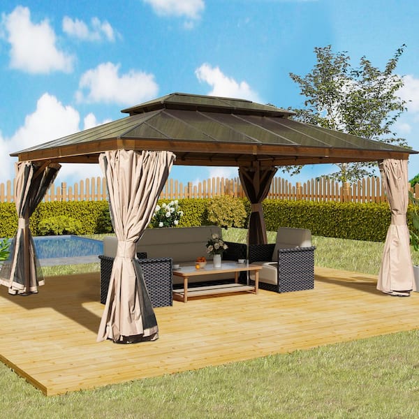 12 ft. x 16 ft. Wood Grain Aluminum Double Galvanized Steel Roof Gazebo with Ceiling Hook, Mosquito Netting and Curtains