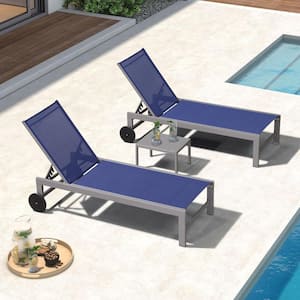 Aluminum Light Grey Frame Outdoor Metal Patio Chaise Lounge with Side Table and Wheels, Navy Blue