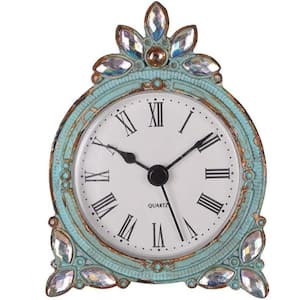 Vintage Pewter qt Mini Table Clock with Crystal Shining Rhinestone, Aqua