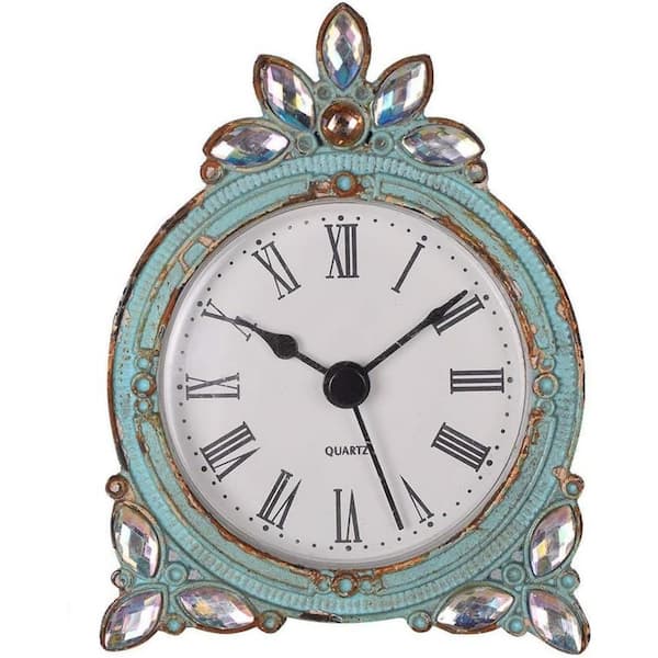 Afoxsos Vintage Pewter qt Mini Table Clock with Crystal Shining Rhinestone, Aqua