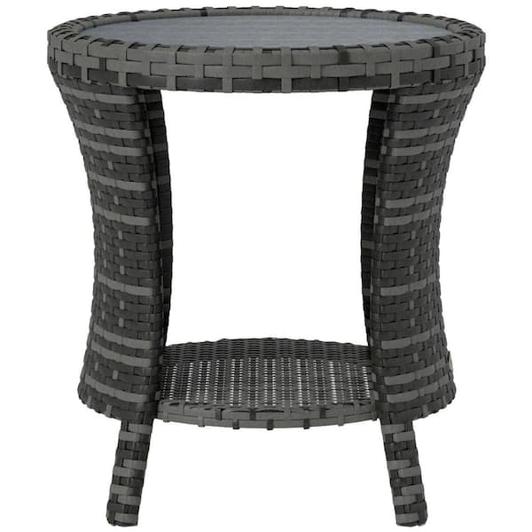 18 in. Outdoor Wicker Coffee Table-Hourglass Design, 2-Tier Storage, Composite Wood Top, Weather-Resistant for Patio