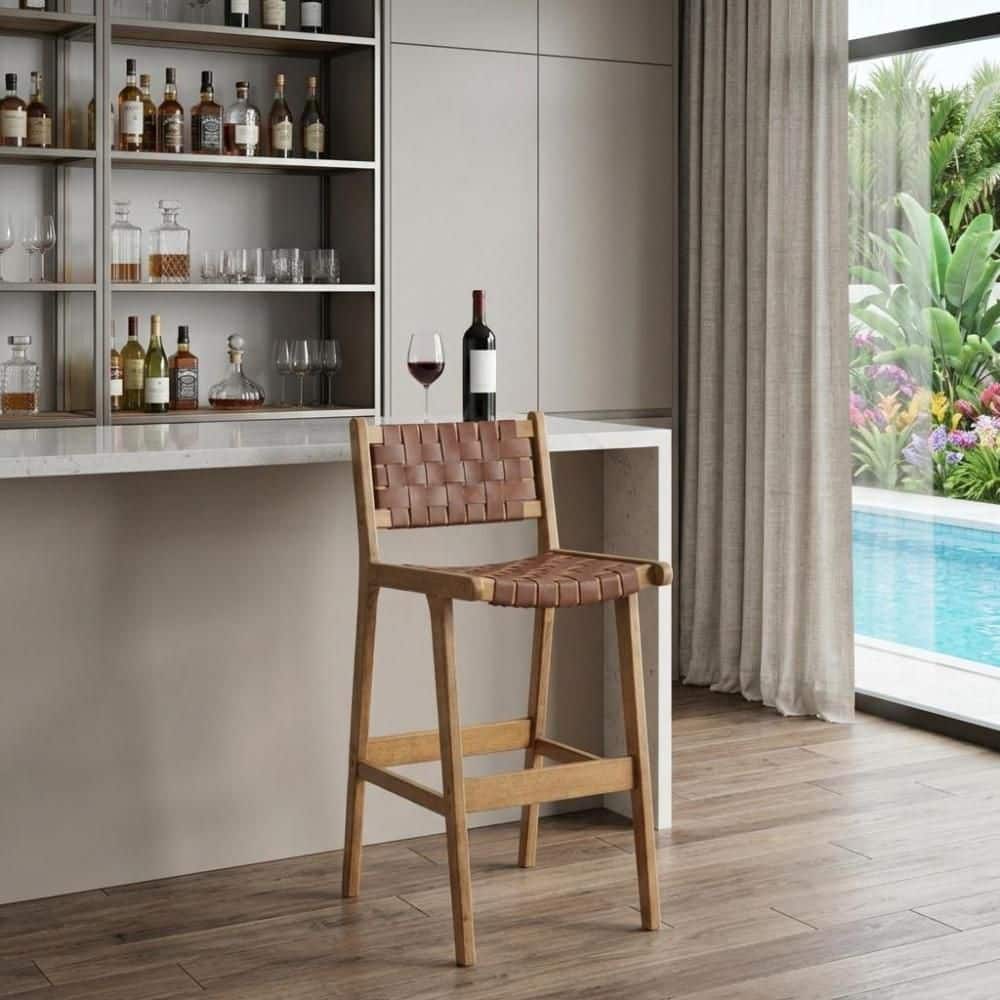 29.3 in. H Brown High Back Wood Bar Stool with Leather Seat (Set of 2) price history on PriceWatchPro