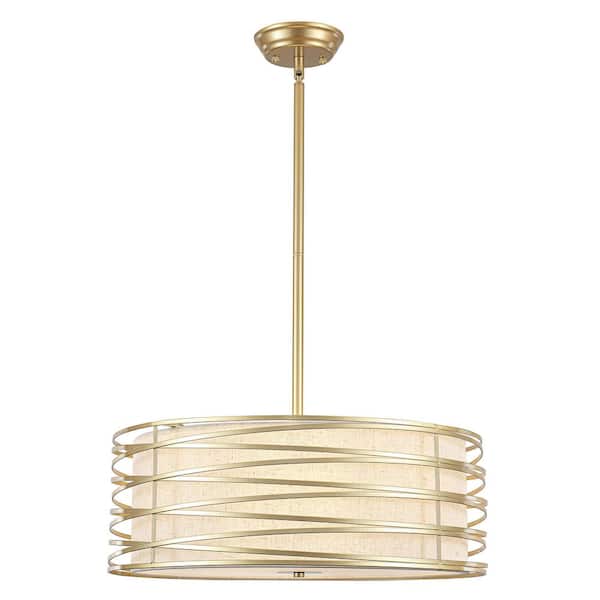 5-Light 19.7 in. Gold Traditional Metal Drum Chandelier with Fabric Shade for Restaurant Coffee Bar, No Bulbs Included