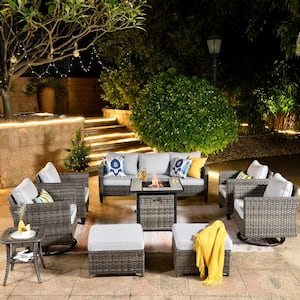 New Vultures Gray 9-Piece Wicker Patio Fire Pit Conversation Seating Set with Gray Cushions and Swivel Rocking Chairs