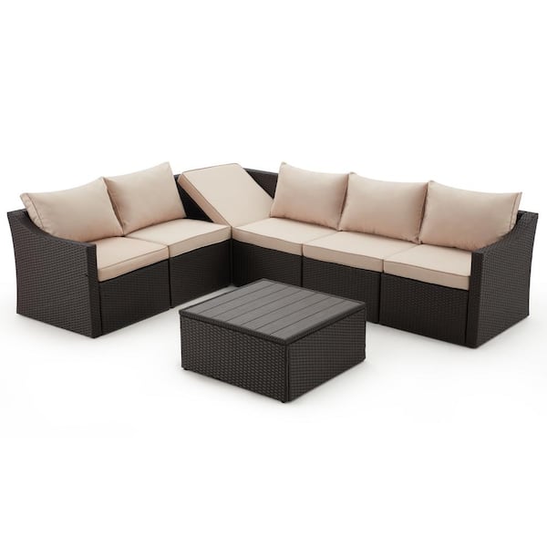Miscool Cedar 7-Piece Wicker Patio Conversation Set with Beige Cushions, Corner Lift Sofa