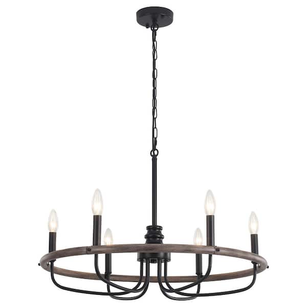 6-Light Black and Imitation Wood Grain Farmhouse Chandelier Wagon Wheel Chandelier for Kitchen Island