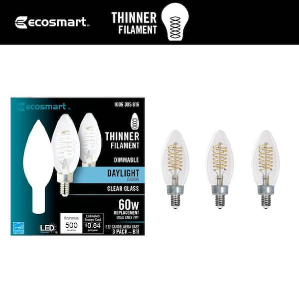 EcoSmart 60-Watt Equivalent B11 Dimmable E12 Candelabra Fine Bendy Filament LED Vintage Edison Light Bulb Daylight (3-Pack)