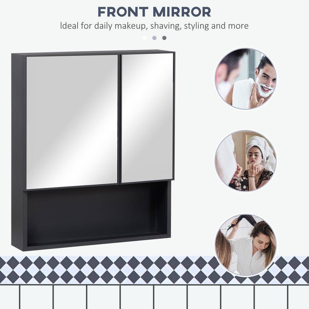 Black Wall-Mounted Medicine Cabinet with Double Mirror Doors and Storage Shelves