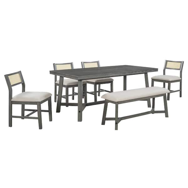 Clihome Retro 6-piece Gray MDF Top Dining Set, Include Rectangular Table and 4 Upholstered Chairs with Rattan and Bench