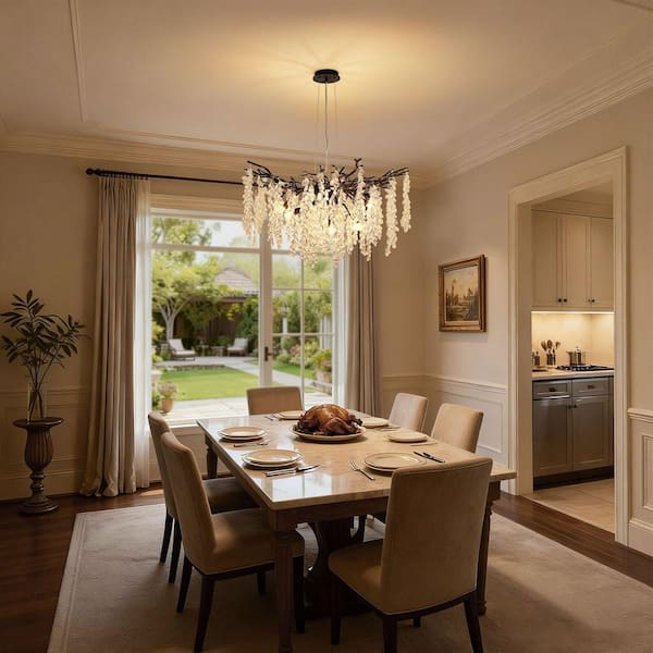 32 in. 10-Light Black Tree Branch Crystal Chandelier Modern Tassel Crystal Round Chandelier for Dining Room Living Room