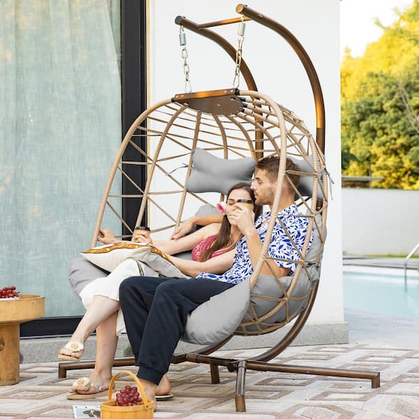 FINCATI Large Indoor Outdoor Beige Wicker Double Swing Egg Chair with Gold Stand and Light Gray Cushion