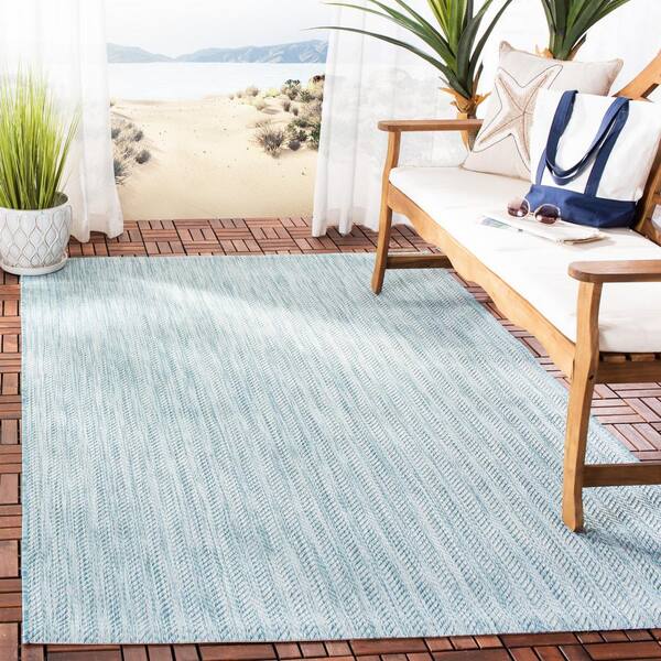 Courtyard Aqua/Gray 8 ft. x 8 ft. Square Solid Color Chevron Indoor/Outdoor Area Rug