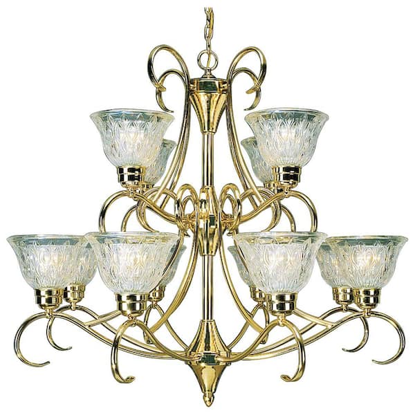 Volume Lighting Versailles Collection 12-Light Polished Solid Brass Chandelier with Lead Crystal Shades