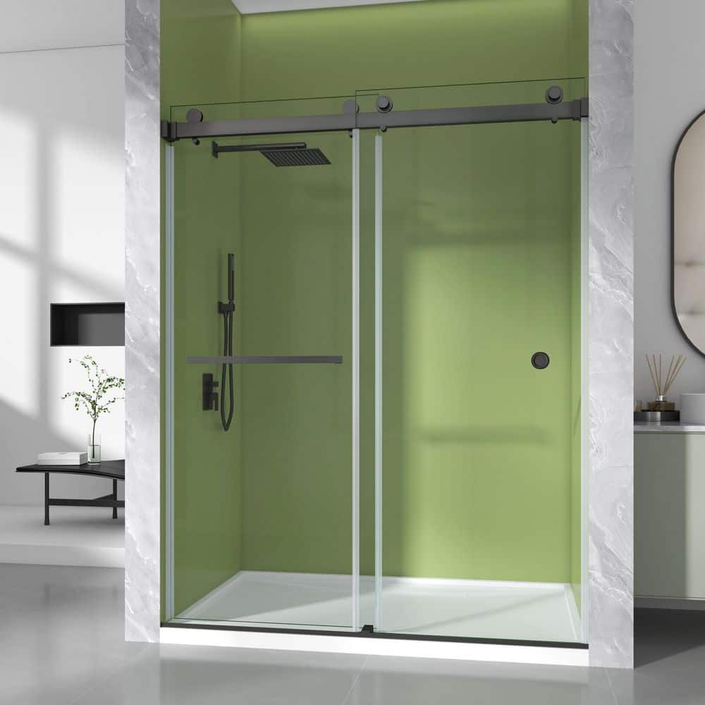 56-61 in. W x 76 in. H Double Sliding Frameless Shower Door in Matte Black 3/8 in. Clear SGCC Glass with Towel Bar price history on PriceWatchPro