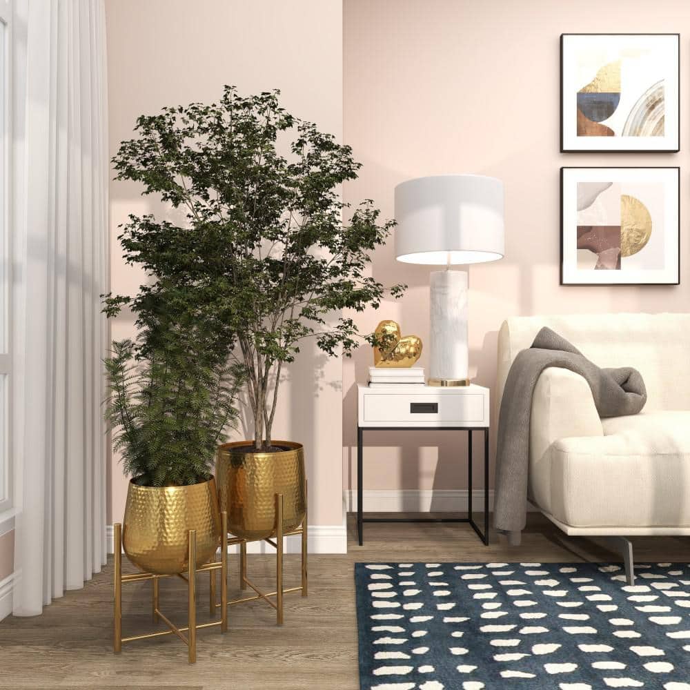 Contemporary Gold Metal Indoor Planter with X-Shaped Stand, 17" Height