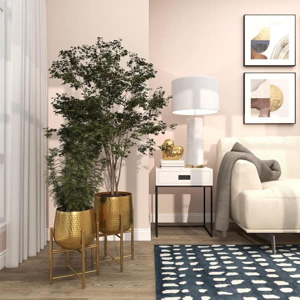 17 in., and 19 in. Medium Gold Metal Deep Recessed Dome Planter with Removable Stand (2- Pack)