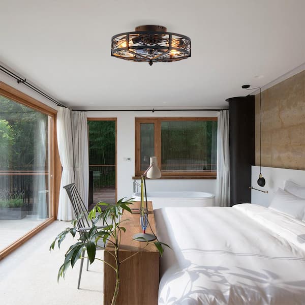 Thalovis 20 in. 4-Light Indoor Black Flush Mount Low Profile Caged Ceiling Fan with Light Fixture with Remote