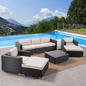 Multi-Brown 8-Piece Faux Rattan Patio Sectional Seating Set with Beige Cushions