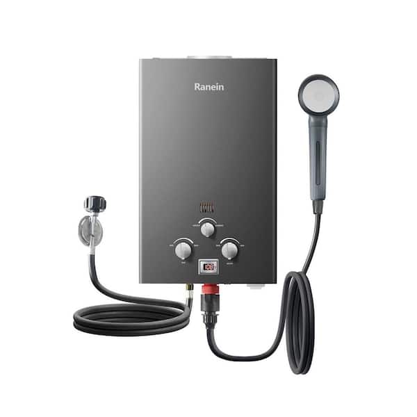 Ranein 4.74 GPM Outdoor Portable Propane Tankless Water Heater with Shower Head, Hanging Chain, 3-Sec On Demand