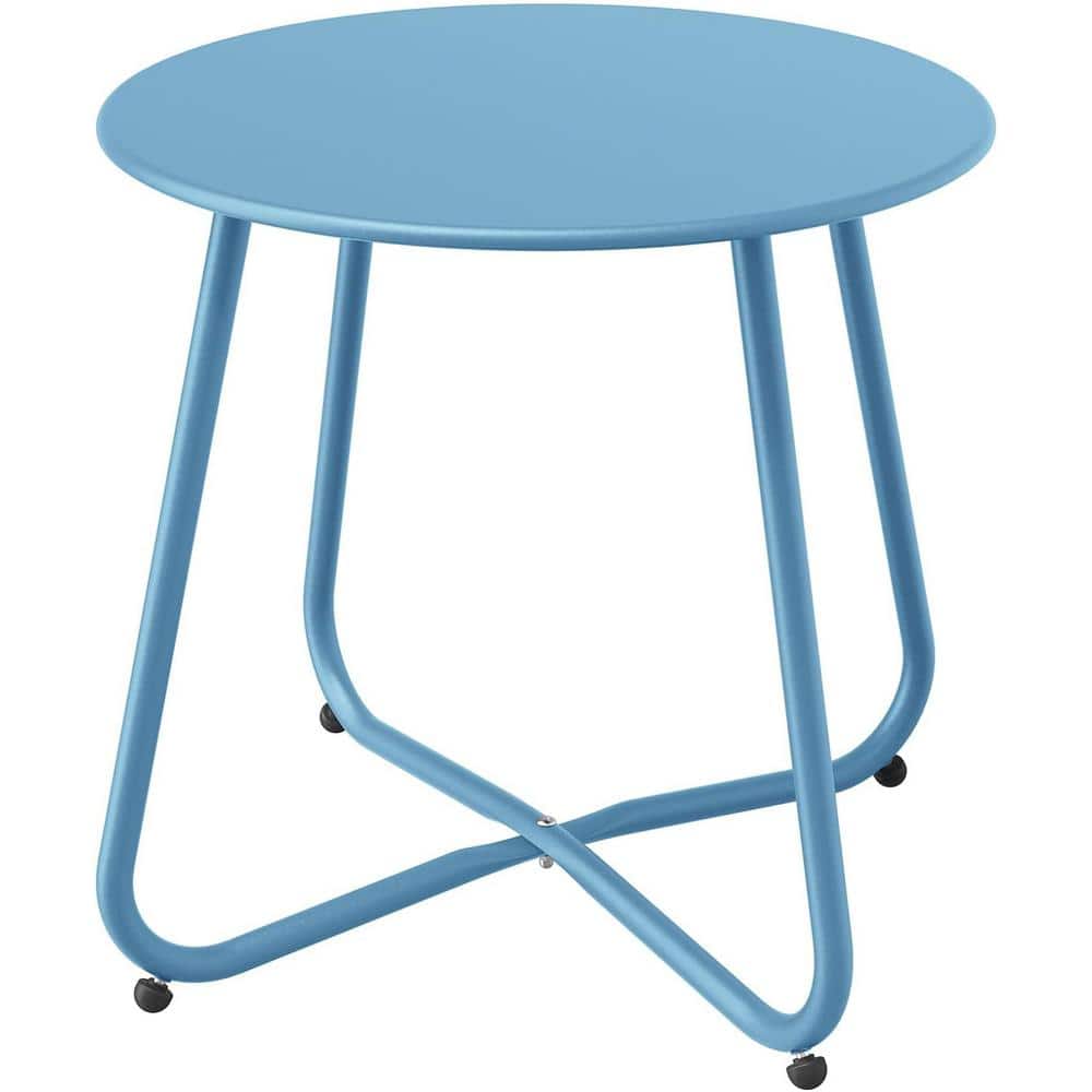 Blue Outdoor Patio Side Table, Weather-Resistant Metal Round with Adjustabl
