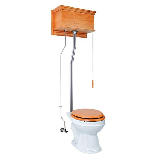 RENOVATORS SUPPLY MANUFACTURING Light Oak High Tank Pull Chain Toilet 2-piece 1.6 GPF Single Flush Round Bowl Toilet in. White Seat Not Included