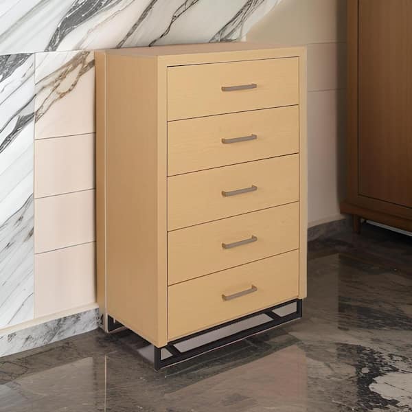 Benjara Natural Brown and Silver and Black 5-Drawers 31.25 in. Chest of Drawers Dresser Without Mirror