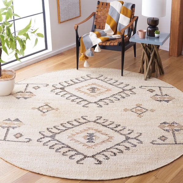 Kilim 9 ft. x 9 ft. Round Ivory/Black Ornamental Border Area Rug