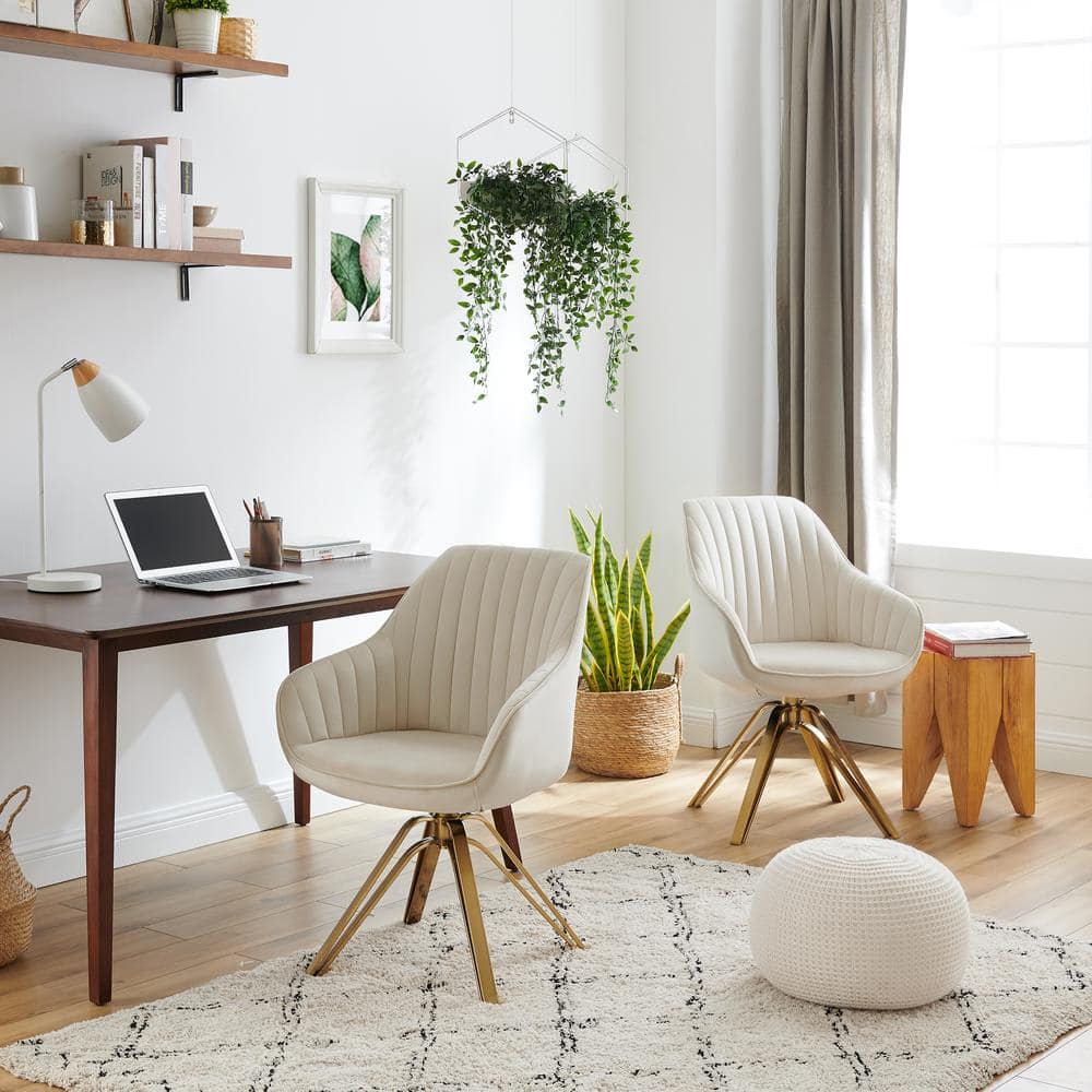 Off-White Contemporary Swivel Accent Chair with Gold Metal Legs