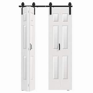 48 in. x 84 in. (24 in. W x 2) Bi-Fold 6-Panel White MDF Pre-Drilled Double Sliding Barn Door with Hardware Kit Set.