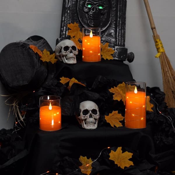 Unbranded Halloween Orange Flameless Candles with String Lights - Battery-Operated LED with Remote and Timer