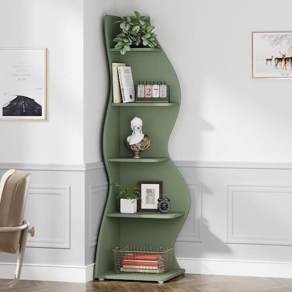 BYBLIGHT Eulas 69.8 in. Tall Green Engineered Wood 5-Shelf Standard Bookcase Corner Shelf with Storage