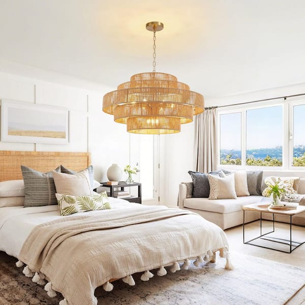 12-Light Natural Adjustable Gold Dimmable 5-Tier Hand-Woven Chandelier with Rattan Shaded for Living Room