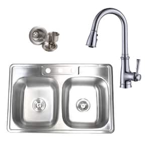 Topmount Drop-In Stainless Steel 33-1/8 in. x 22 in. x 9 in. 18-Gauge 3-Hole 50/50 Double Bowl Kitchen Sink with Faucet