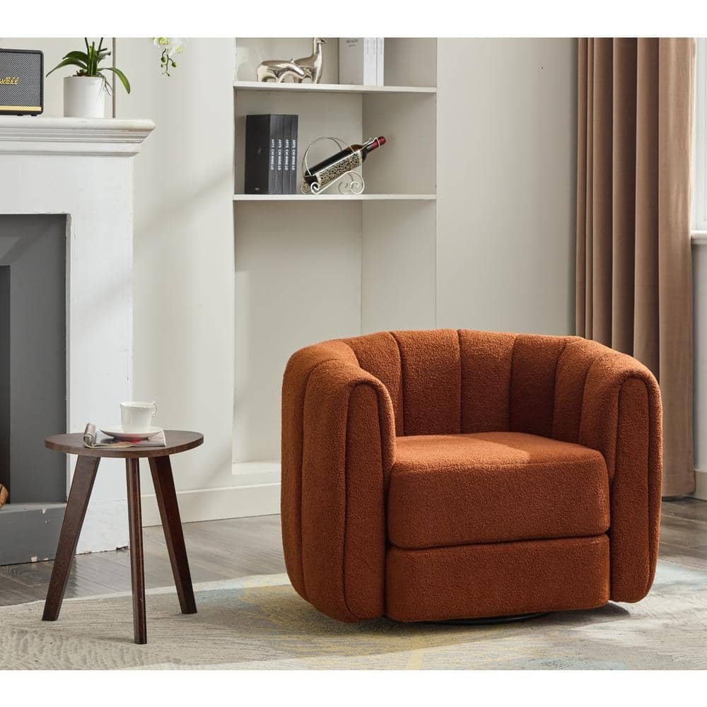 Burnt Orange Teddy Fabric Swivel Barrel Accent Chair with Wood Frame