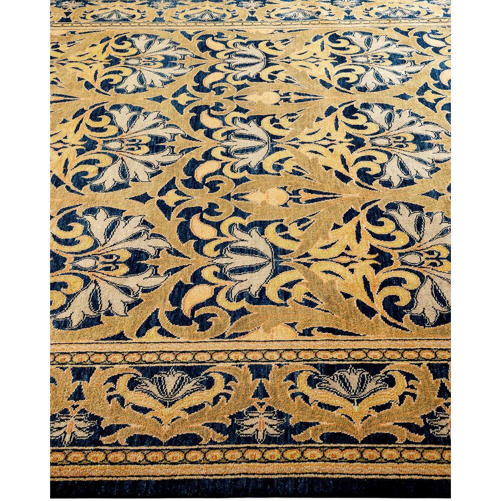 Hand-Knotted Blue and Gold Wool Geometric Area Rug