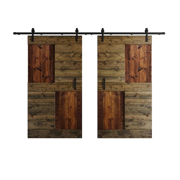 COAST SEQUOIA INC S Series 84 in. x 84 in. Dark Walnut/Aged Barrel Knotty Pine Wood Double Sliding Barn Door with Hardware Kit