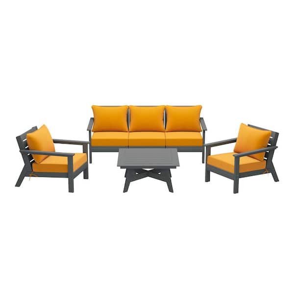 WESTIN OUTDOOR Birchwood Gray Arrangeable 6-Piece Outdoor Patio HDPE Deep Seating Conversation Sofa Set w/ Yellow Cushions